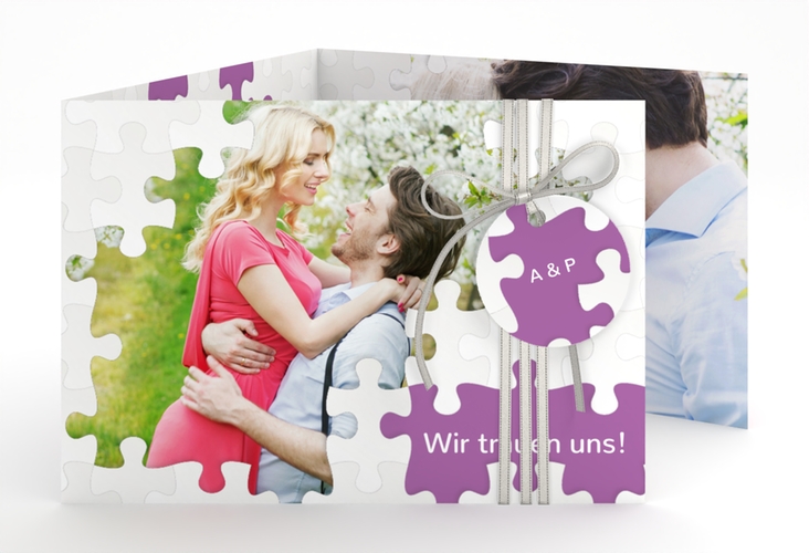 Hochzeitseinladung Puzzle A6 Doppel-Klappkarte lila