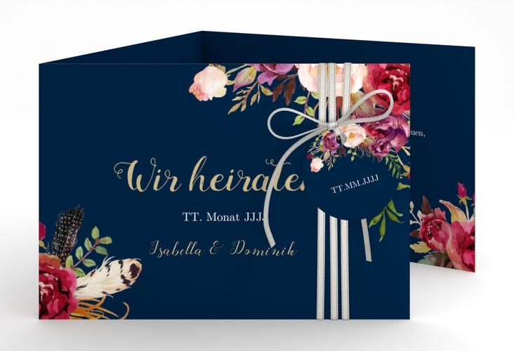 Hochzeitseinladung Flowers A6 Doppel-Klappkarte blau mit bunten Aquarell-Blumen