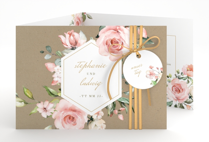 Hochzeitseinladung Graceful A6 Doppel-Klappkarte mit Rosenblüten in Rosa und Weiß