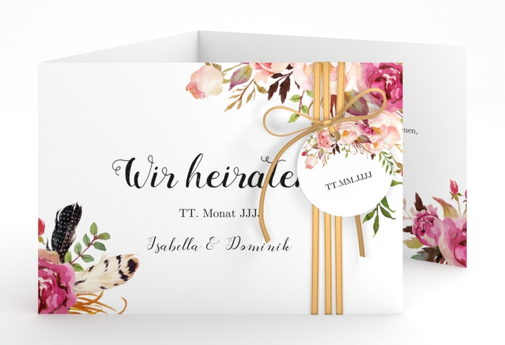 Hochzeitseinladung Flowers A6 Doppel-Klappkarte weiss hochglanz mit bunten Aquarell-Blumen