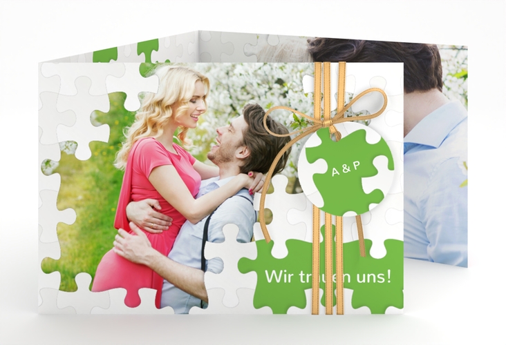 Hochzeitseinladung Puzzle A6 Doppel-Klappkarte gruen