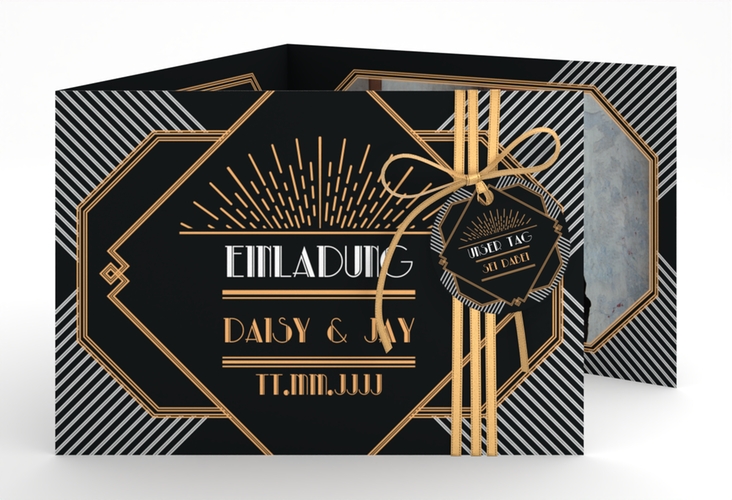 Hochzeitseinladung Gatsby A6 Doppel-Klappkarte schwarz