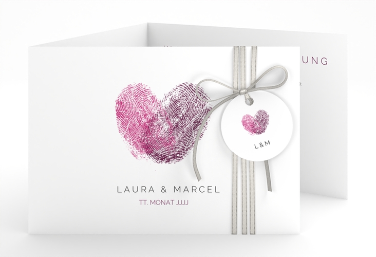 Hochzeitseinladung Fingerprint A6 Doppel-Klappkarte pink schlicht mit Fingerabdruck-Motiv