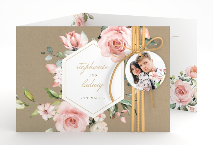 Hochzeitseinladung Graceful A6 Doppel-Klappkarte Kraftpapier mit Rosenblüten in Rosa und Weiß