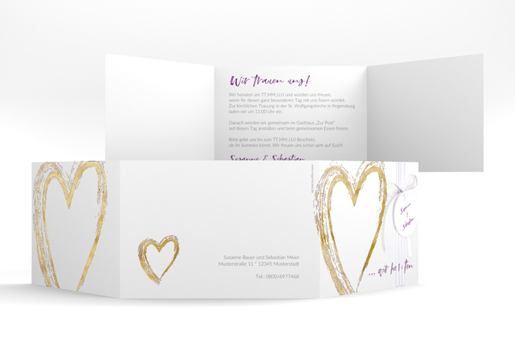 Hochzeitseinladung Liebe A6 Doppel-Klappkarte lila gold