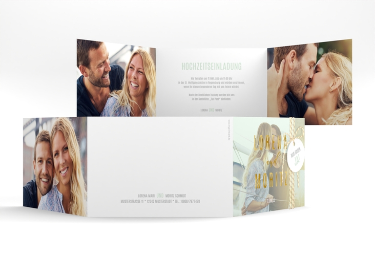 Hochzeitseinladung Memory A6 Doppel-Klappkarte mint gold