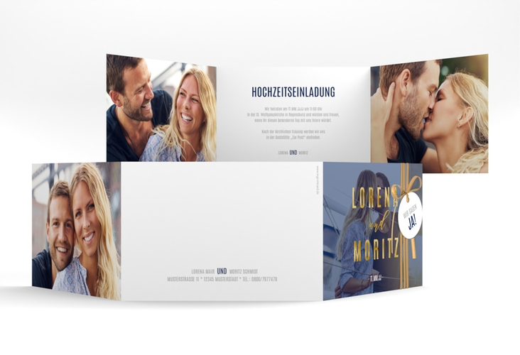 Hochzeitseinladung Memory A6 Doppel-Klappkarte blau gold