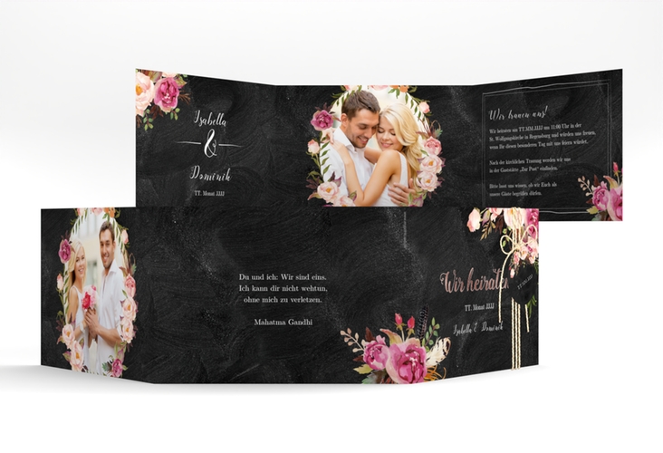 Hochzeitseinladung Flowers A6 Doppel-Klappkarte schwarz rosegold mit bunten Aquarell-Blumen