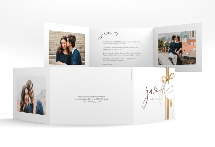 Hochzeitseinladung Jawort A6 Doppel-Klappkarte weiss rosegold modern minimalistisch mit veredelter Aufschrift