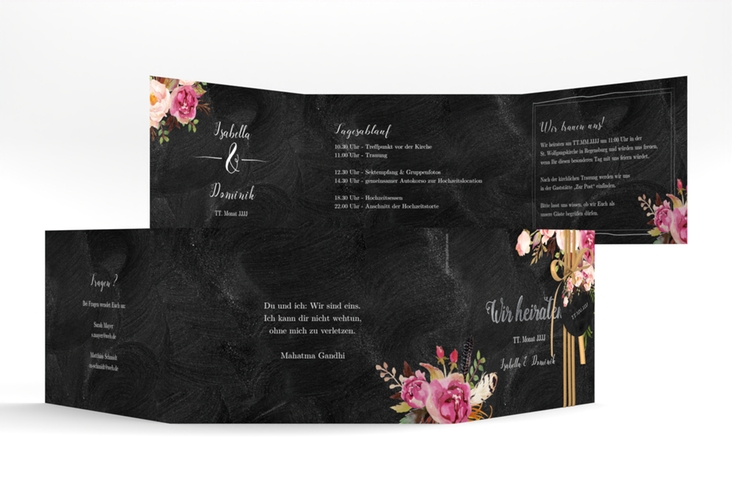 Hochzeitseinladung Flowers A6 Doppel-Klappkarte schwarz silber mit bunten Aquarell-Blumen