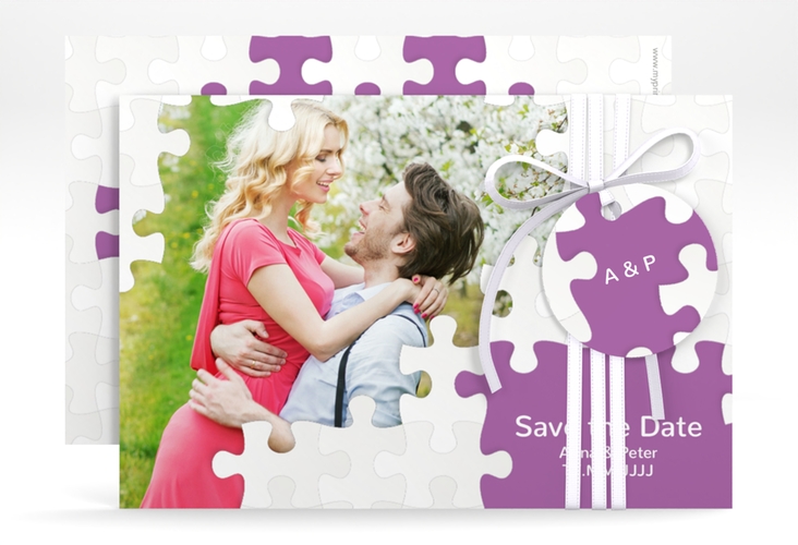 Save the Date-Karte Hochzeit Puzzle A6 Karte quer lila