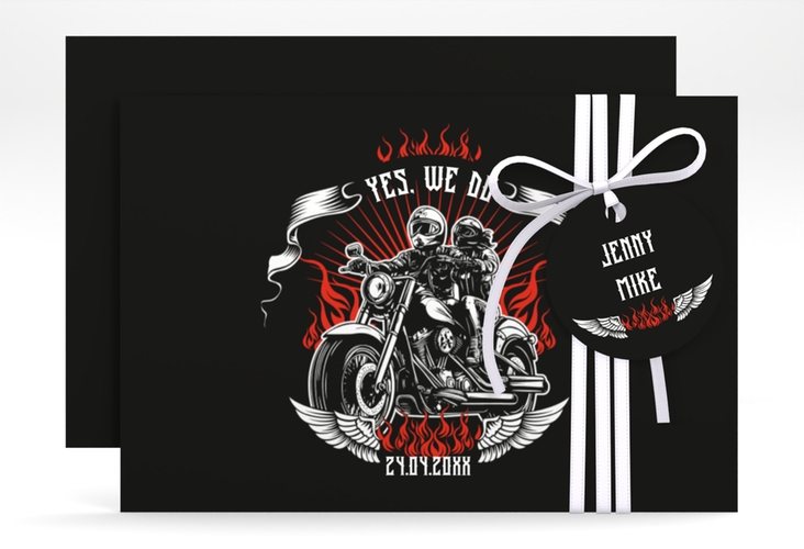 Save the Date-Karte Biker A6 Karte quer mit Rocker-Paar auf Motorrad