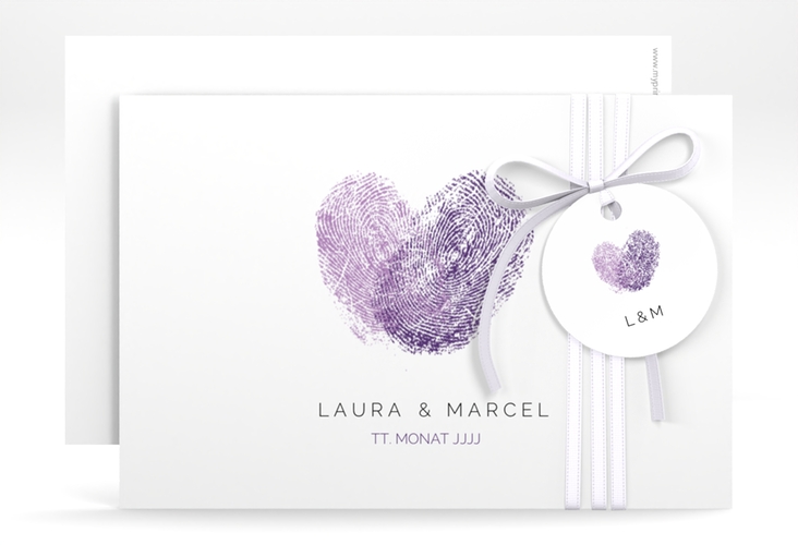 Save the Date-Karte Fingerprint A6 Karte quer lila hochglanz schlicht mit Fingerabdruck-Motiv