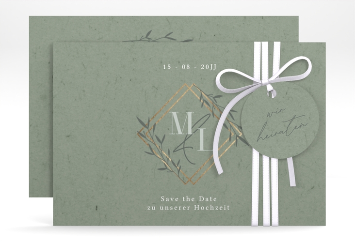 Save the Date-Karte Greenletter A6 Karte quer hochglanz mit Initialen in elegantem Goldrahmen mit Blättern