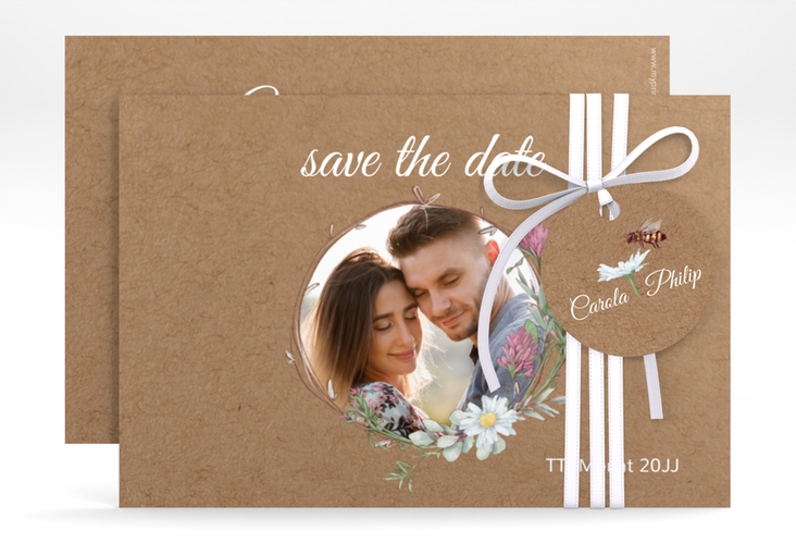 Save the Date-Karte Honey A6 Karte quer mit Wiesenblumen und Biene