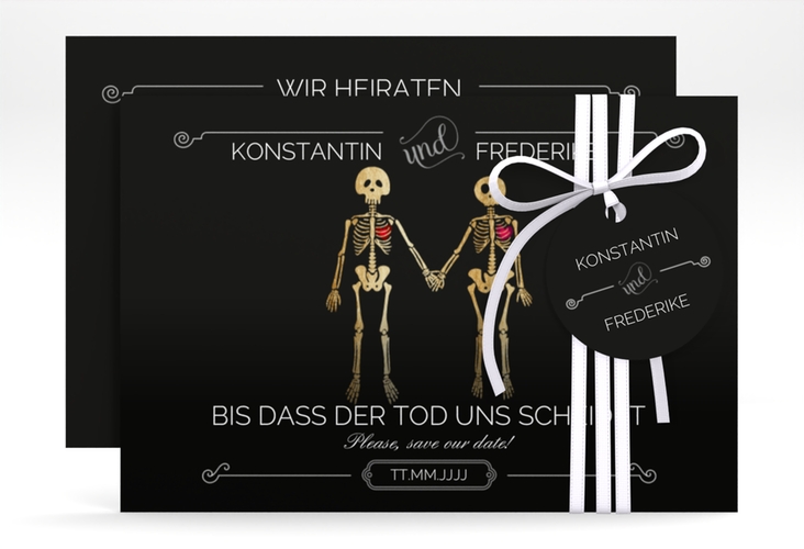 Save the Date-Karte Bones A6 Karte quer lustig mit Skelett-Brautpaar