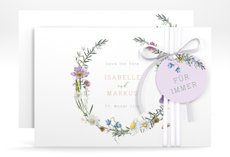 Save the Date-Karte Blumengarten A6 Karte quer bunt hochglanz mit Blumenkranz und Hummel