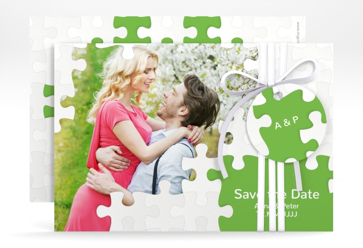 Save the Date-Karte Hochzeit Puzzle A6 Karte quer gruen hochglanz