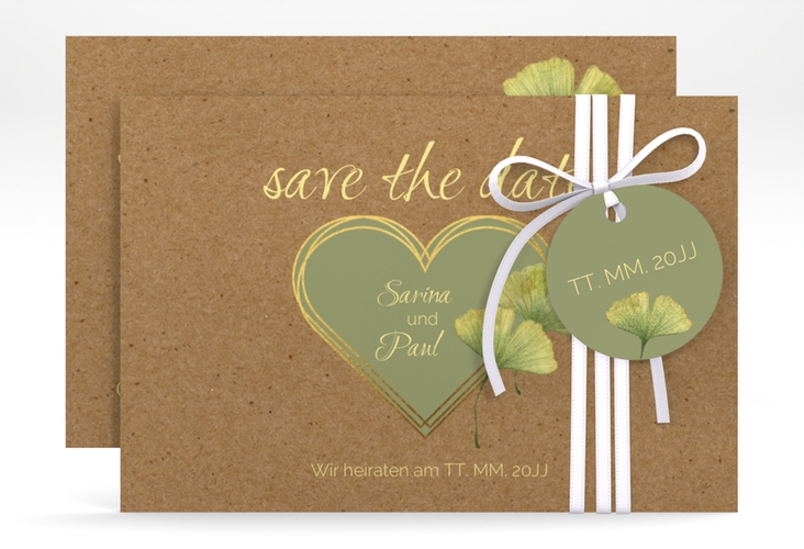 Save the Date-Karte Ginko A6 Karte quer mit Herz und zwei Ginkgo-Blättern