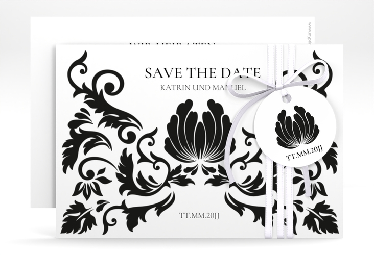 Save the Date-Karte Royal A6 Karte quer weiss hochglanz mit barockem Blumen-Ornament