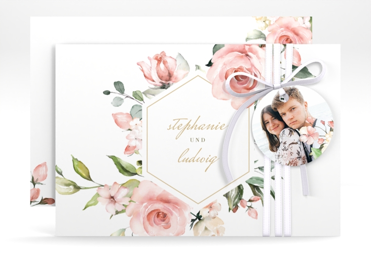 Save the Date-Karte Graceful A6 Karte quer weiss hochglanz mit Rosenblüten in Rosa und Weiß