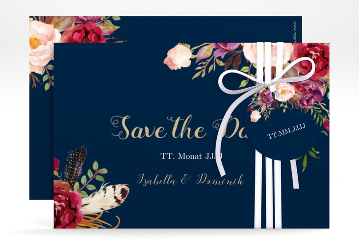 Save the Date-Karte Flowers A6 Karte quer blau hochglanz mit bunten Aquarell-Blumen