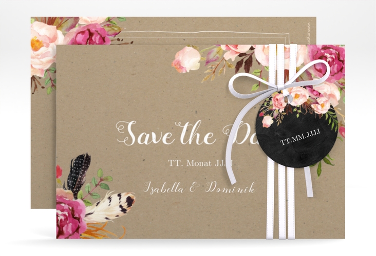 Save the Date-Karte Flowers A6 Karte quer Kraftpapier mit bunten Aquarell-Blumen