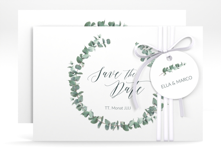 Save the Date-Karte Silverleaf A6 Karte quer mit Eukalyptus-Zweig