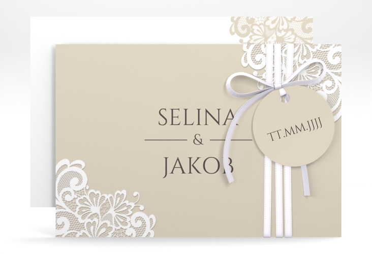 Save the Date-Karte Vintage A6 Karte quer beige mit floraler Spitze