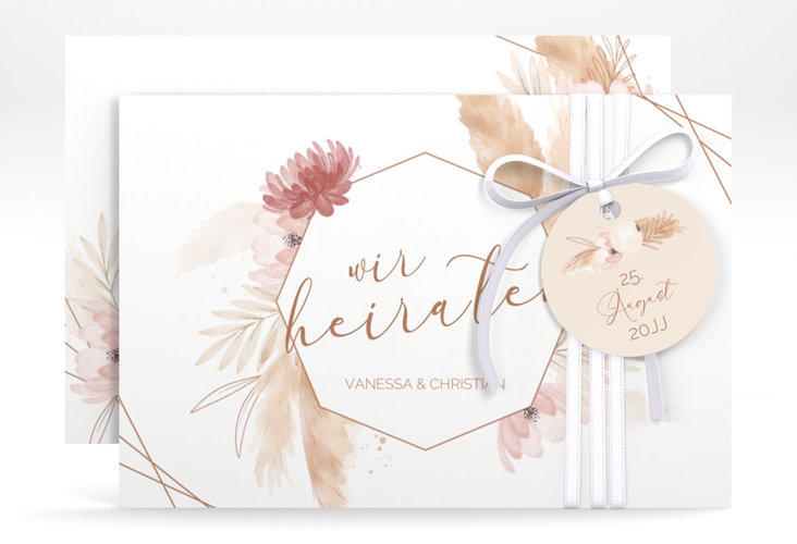 Save the Date-Karte Bohostyle A6 Karte quer beige mit Pampasgras in Aquarell