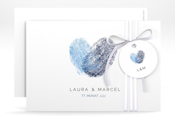 Save the Date-Karte Fingerprint A6 Karte quer blau hochglanz schlicht mit Fingerabdruck-Motiv