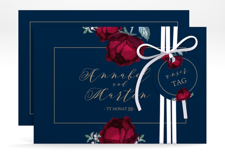 Save the Date-Karte Peonies A6 Karte quer blau elegant mit Pfingstrosen