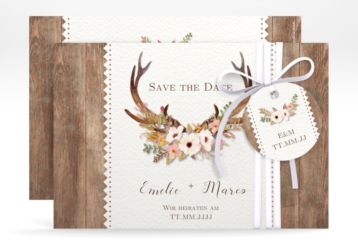 Save the Date-Karte Hochzeit Heimatjuwel A6 Karte quer braun mit Hirschgeweih und Holz-Hintergrund