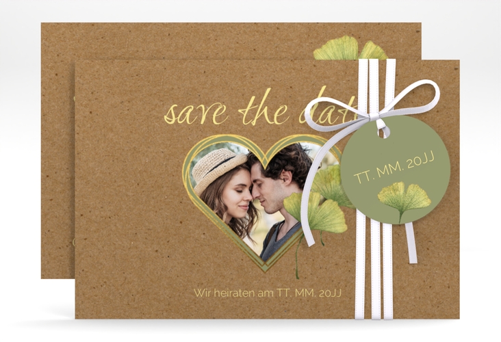 Save the Date-Karte Ginko A6 Karte quer mit Herz und zwei Ginkgo-Blättern