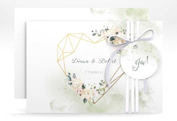 Save the Date-Karte Adore A6 Karte quer gruen mit geometrischem Herz und Rosen in Aquarell