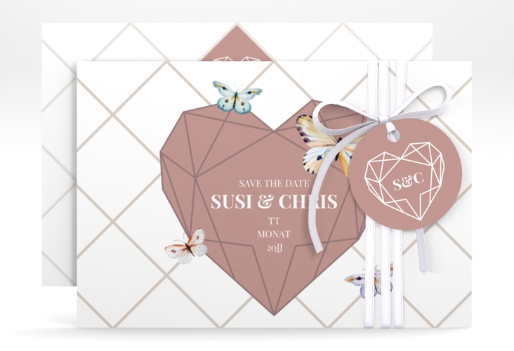 Save the Date-Karte Butterfly A6 Karte quer weiss hochglanz mit Schmetterlingen und Herz im Geometric Design