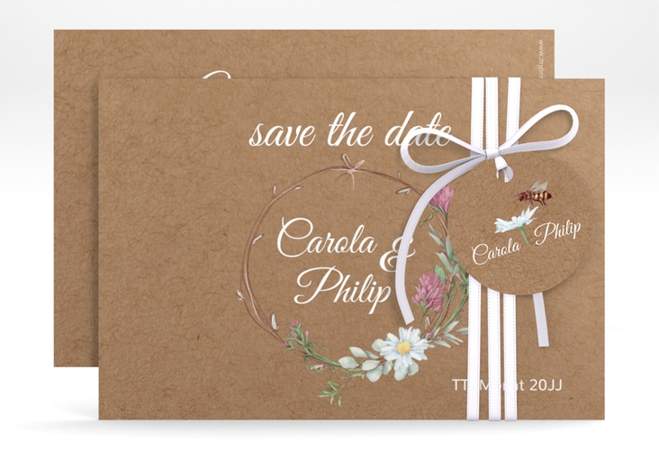 Save the Date-Karte Honey A6 Karte quer Kraftpapier mit Wiesenblumen und Biene