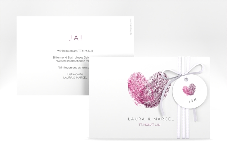 Save the Date-Karte Fingerprint A6 Karte quer pink schlicht mit Fingerabdruck-Motiv