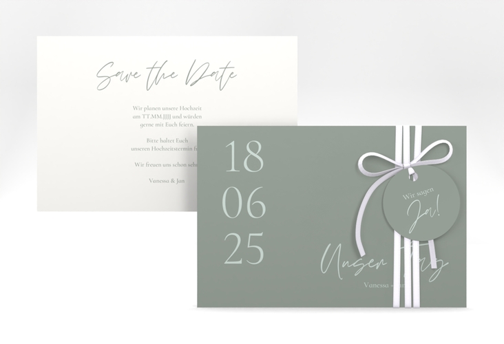 Save the Date-Karte Day A6 Karte quer gruen hochglanz mit Datum im minimalistischen Design