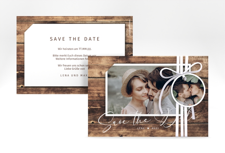 Save the Date-Karte Rustic A6 Karte quer braun in Holz-Optik mit Foto