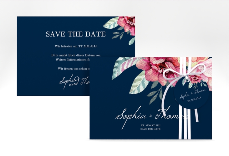 Save the Date-Karte Blooming A6 Karte quer blau