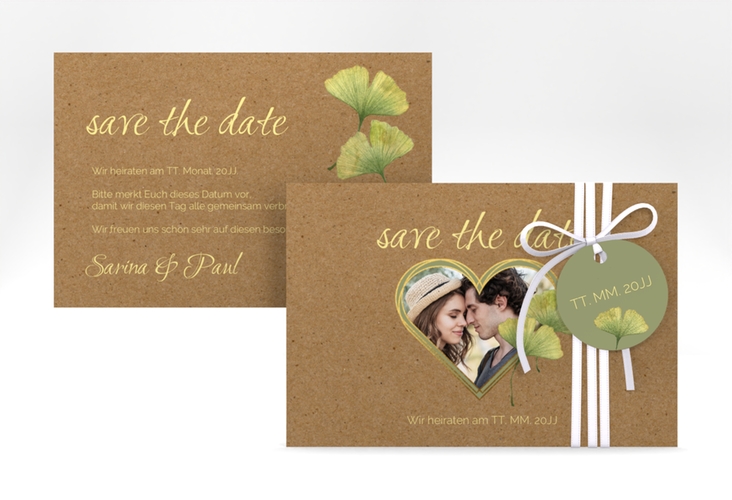 Save the Date-Karte Ginko A6 Karte quer Kraftpapier mit Herz und zwei Ginkgo-Blättern