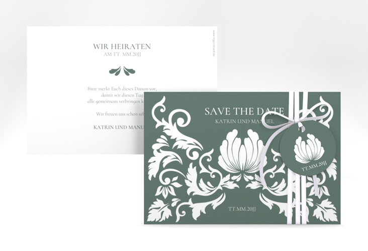 Save the Date-Karte Royal A6 Karte quer gruen mit barockem Blumen-Ornament