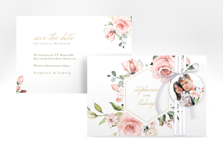 Save the Date-Karte Graceful A6 Karte quer weiss hochglanz mit Rosenblüten in Rosa und Weiß