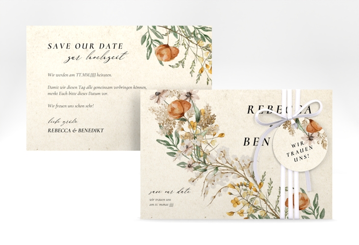 Save the Date-KarteWildfang A6 Karte quer beige hochglanz mit getrockneten Wiesenblumen