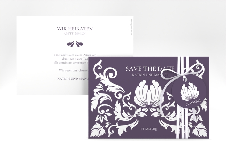 Save the Date-Karte Royal A6 Karte quer lila mit barockem Blumen-Ornament