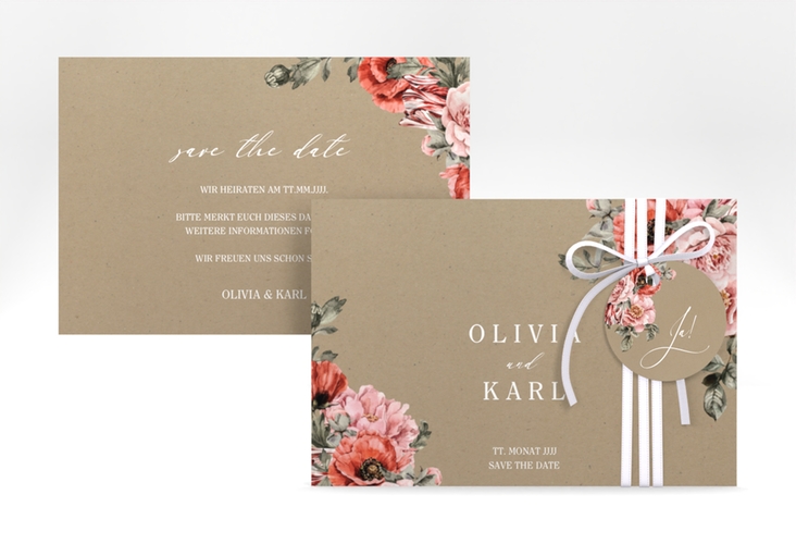 Save the Date-Karte Grazioso A6 Karte quer Kraftpapier modern mit Mohnblumen und Rosen