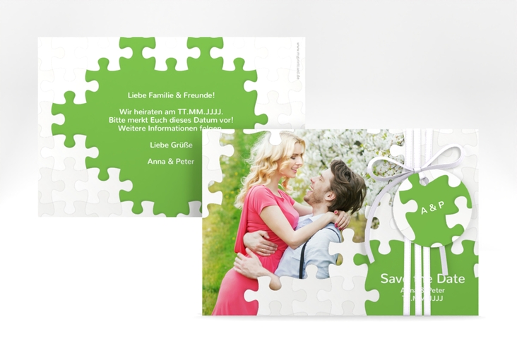 Save the Date-Karte Hochzeit Puzzle A6 Karte quer gruen hochglanz