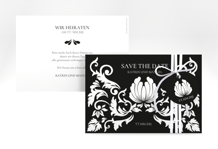 Save the Date-Karte Royal A6 Karte quer schwarz mit barockem Blumen-Ornament