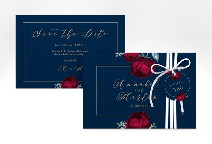 Save the Date-Karte Peonies A6 Karte quer blau elegant mit Pfingstrosen